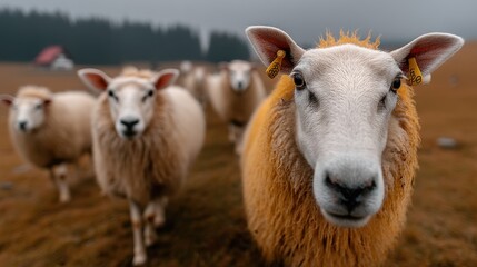 Fototapeta premium sheep wandering the grassy meadow eyes full of curiosity,stock photo