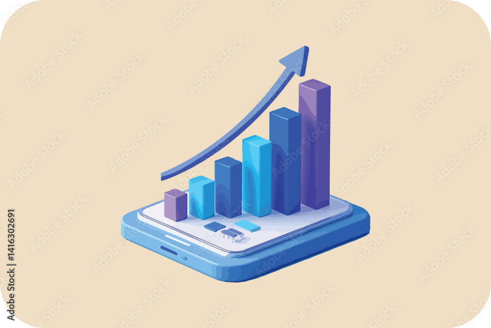 Poster mobile growth visualization: bar chart on smartphone display showing upward progress.