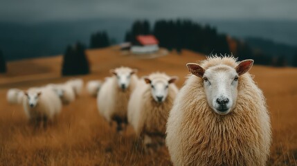 Fototapeta premium sheep wandering the grassy meadow eyes full of curiosity