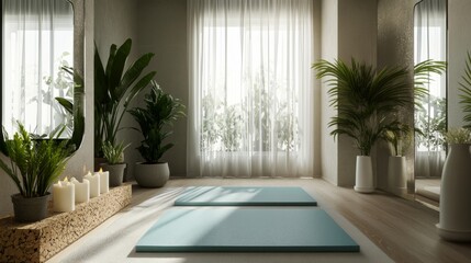 Fototapeta premium Contemporary meditation room, aqua exercise mat laid flat on light hardwood flooring, frameless full-length mirror, potted green plants in gray planters, natural cork prop block, white candle