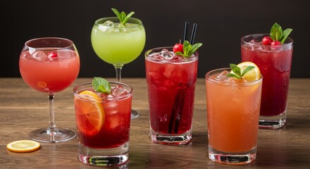Fototapeta premium Symphony of Summer Refreshments - A vibrant collection of artfully crafted summer cocktails, showcasing diverse ingredients and colors. Symbolizing refreshment, vibrancy, summer fun, celebration