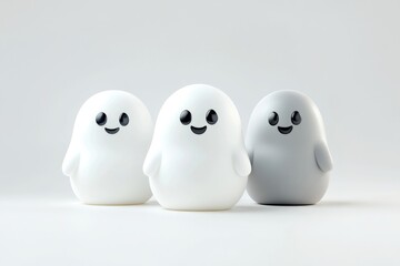 Three friendly ghost figurines in white and gray.  Cute, cartoonish representations of ghosts with happy expressions