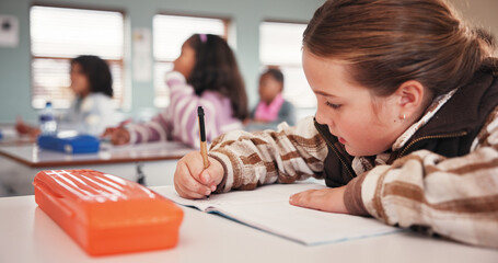 Education, girl student and writing in classroom for motor skills, language activity and school...