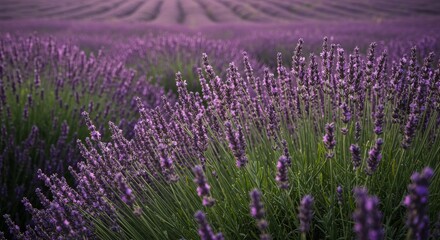 Obraz premium Tranquil Lavender Field - Serene of a vast lavender field, showcasing rows of purple lavender blossoms under soft light. Perfect for relaxation themes