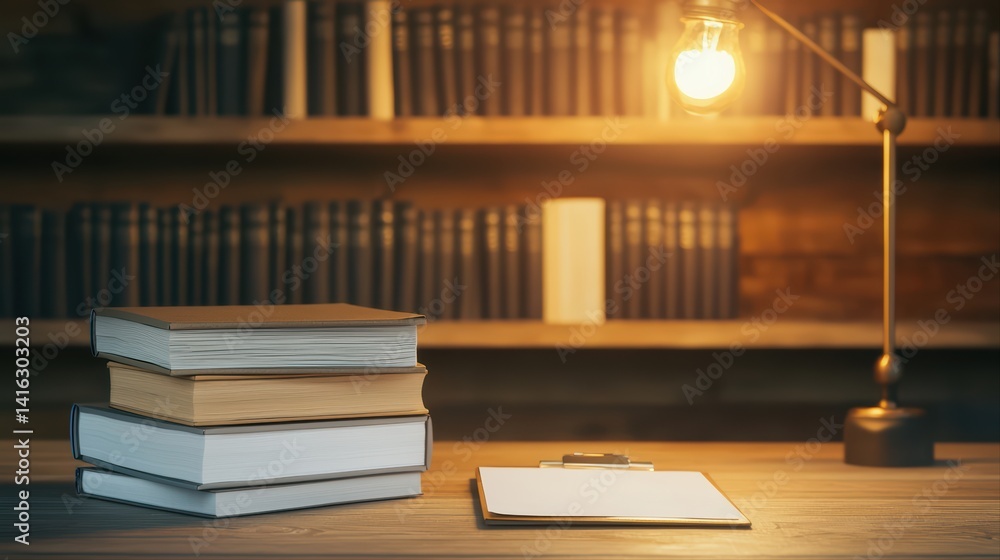Poster cozy workspace with stacked books and warm light in library setting