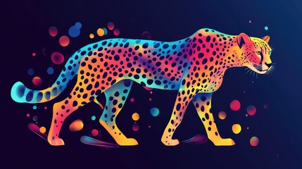 Fototapeta premium Vibrant and Colorful Illustration of a Leopard with Playful Circular Elements Against a Dark Background for Creative and Artistic Themes