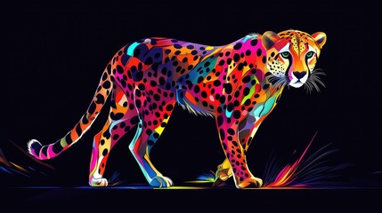 Fototapeta premium Colorful and Vibrant Abstract Representation of a Leopard Walking Against a Dark Background, Showcasing Artistic Style and Bold Patterns