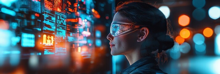 Woman Wearing Futuristic Glasses Analyzing Data on Holographic Interface