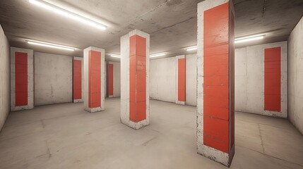 Empty concrete room with red pillars