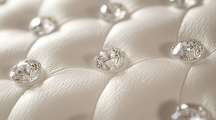 Close-up of luxurious cream leather upholstery adorned with sparkling shiny diamonds, creating an elegant and opulent aesthetic suitable for upscale interior designs and fashion concepts.
