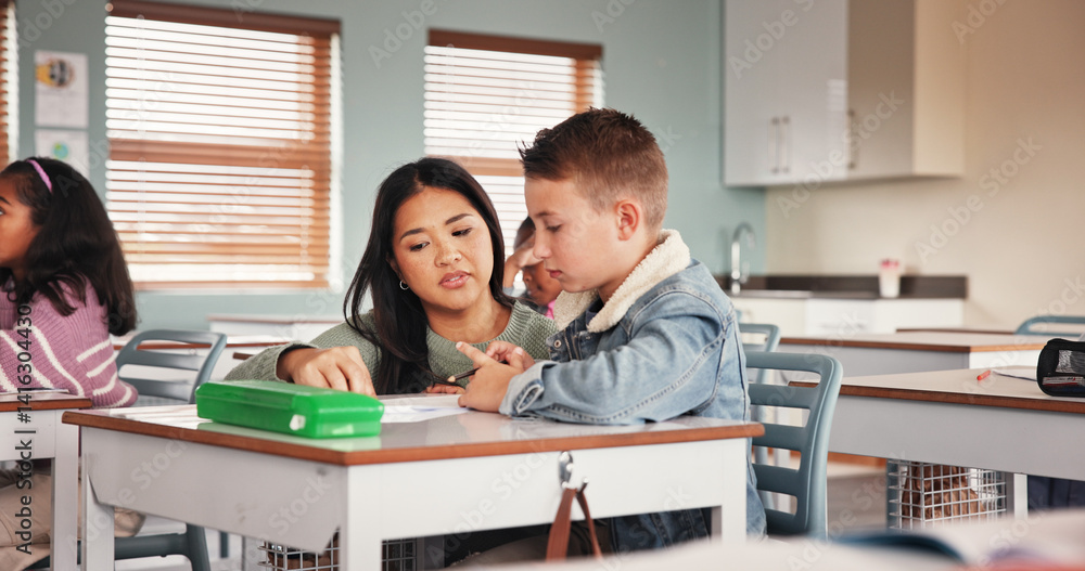 Poster classroom, child and teacher for question help, school and learning for assignment in junior grade. 