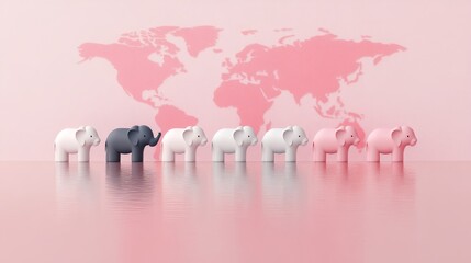Conceptual representation featuring an elephant parade with diverse colors against a pink world map suggesting unity and global connections ideal for various creative projects