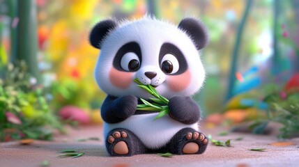 Fototapeta premium Cute panda eating bamboo in a vibrant, cartoonish forest scene