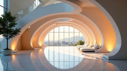 Fototapeta premium Serene Architectural Interior with Panoramic View and Curving Walls, Illuminated Lounges, and Reflective Flooring
