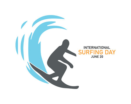 International surfing day simple vector banner, poster, background. One continuous line drawing of surfer on the surfboard catching the wave. Surfing day minimalist banner