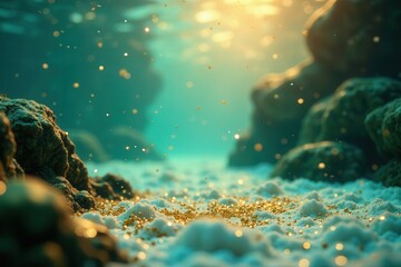 Submerged Treasure A Glittering Underwater Scene of Golden Particles Settling on a White Sandy Bottom Amongst Dark Rocks in a Teal Ocean