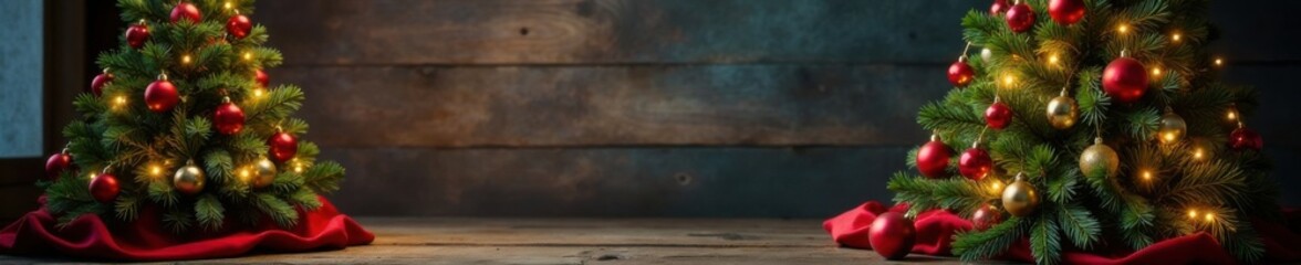 Obraz premium Decorated Christmas Tree on Wooden Background, Festive, Green Lights, Wooden Table