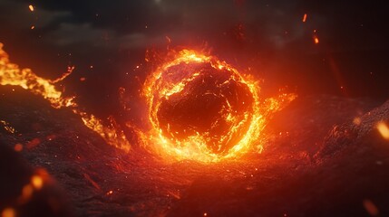 Obraz premium Fiery Inferno: A Blazing Sphere Descends Upon Volcanic Landscape