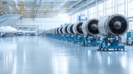 Aircraft engine manufacturing: row of turbofan engines on factory floor