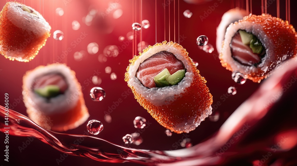 Poster floating sushi rolls with textures and bubbles in a red background, showcasing a fusion of colors an