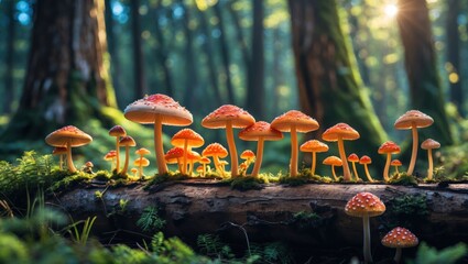 Mushrooms Growing on Log in Forest with Sunlight Shining Through