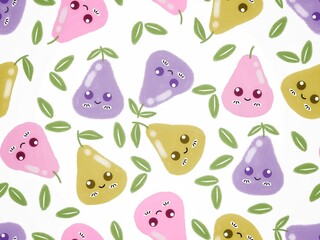 Naklejka premium cute pear fruit seamless pattern with smile face, colorful fruit design for kids. design for clothes, fabric, wrapping, wallpaper, and background