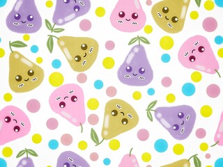 cute pear fruit seamless pattern with smile face and leaves, colorful fruit design for kids. design for clothes, fabric, wrapping, wallpaper, and background.