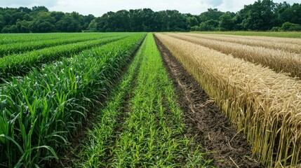 A field with alternating rows of different crops, showing the concept of crop rotation for maintaining soil health.