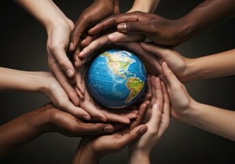 Diverse hands supporting a globe, symbolizing unity and global cooperation against a dark backdrop