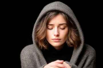Contemplative woman in hoodie studio portrait photography calm atmosphere