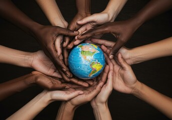 Diverse hands reaching towards a globe, symbolizing unity and global cooperation, set against a dark background