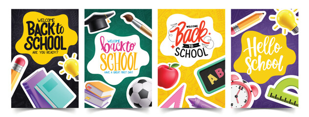 Welcome back to school clipart poster set. Back to school greeting text with sticker educational elements clip art for education flyers and banners collection vector illustration. 
