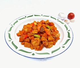 Stir-fried spicy potatoes, liver and stink beans in plate with white background