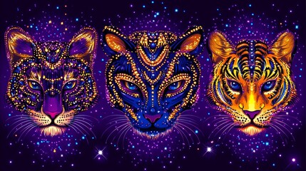 Neon cosmic feline trio artistic rendition featuring a jaguar tiger and cheetah against a celestial backdrop imbued with vibrancy and luminosity