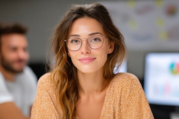 Engaging portrait of young woman with glasses in office environment close-up