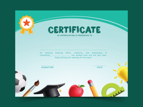 School certificate template clipart. Graduation educational achiever award clip art in green border background for preschool kindergarten diploma design vector illustration. 
