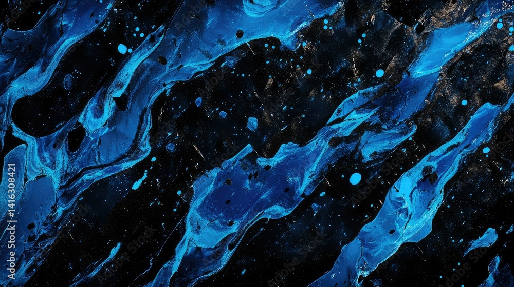 Poster abstract blue liquid paint flowing across a dark background creating a vibrant and dynamic compositi