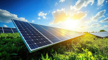 Bright and Serene Solar Panel Installation Under Beautiful Blue Sky and Fluffy Clouds at Sunset in a Lush Green Field Near the Horizon