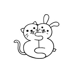 Minimalistic continuous one-line drawing of two happy cat silhouettes — simple ink doodle of sitting cats, cute vector illustration.