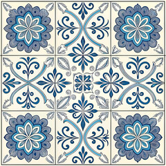 Portuguese azulejo ceramic tile pattern seamless, featuring intricate, colorful designs with traditional blue and white motifs, perfect for vintage or Mediterranean-inspired decor.