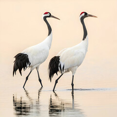 Obraz premium Red-crowned cranes, elegant full-body view of two cranes standing gracefully, with their striking red crowns and white feathers, set against a serene landscape of snow or tall grasses.