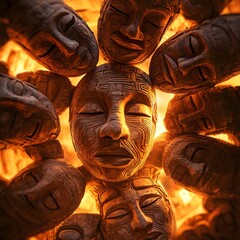 Tribal masks circle sacred fire