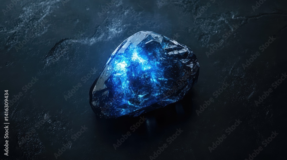 Aufkleber glowing blue crystal stone with intricate patterns on dark background for use in fantasy or sci-fi t