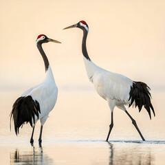 Obraz premium Red-crowned cranes, elegant full-body view of two cranes standing gracefully, with their striking red crowns and white feathers, set against a serene landscape of snow or tall grasses.