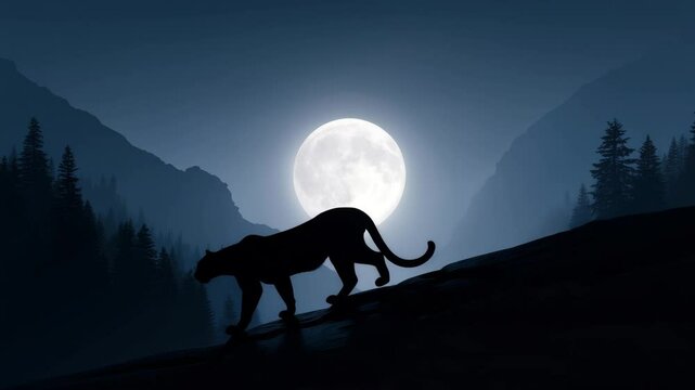Majestic silhouette of black panther walking against full moon, surrounded by mountains and trees, evokes beauty of wildlife at night.