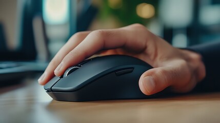 Close-up of a Hand Using a Black Wireless Computer Mouse on a Wooden Desk