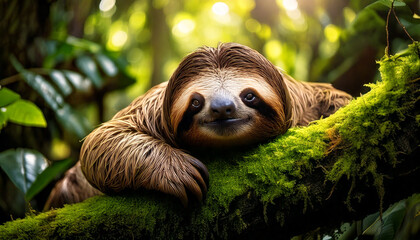 Fototapeta premium A sloth is resting on a branch in the forest.