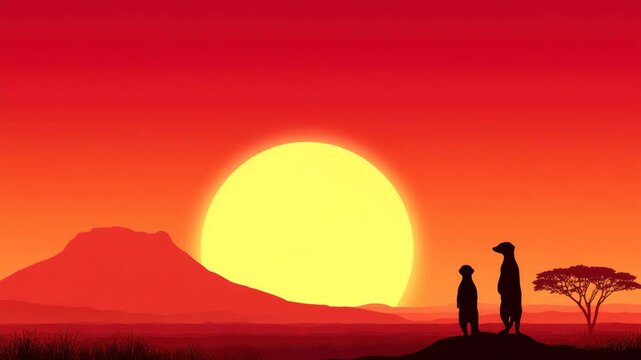 Silhouettes of meerkats at sunset, framed by mountains and trees, create stunning landscape that embodies beauty of nature and wildlife.