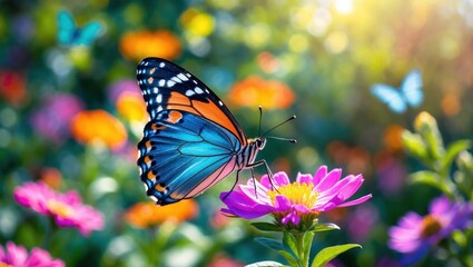 Butterfly perched on vibrant flower in sunlit garden setting outdoor