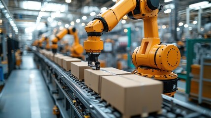 Automated Production Line: Robotic Arms Sorting Packages in a Modern Warehouse